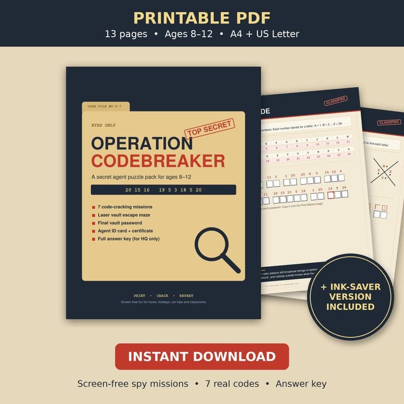 Operation Codebreaker printable activity pack for kids 8–12