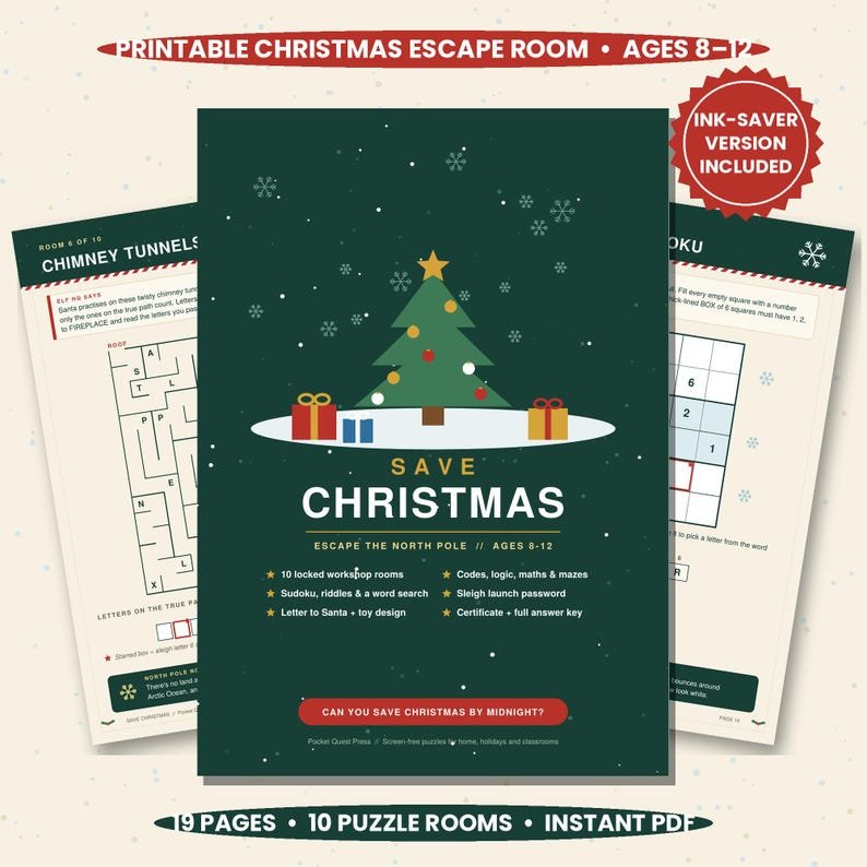Save Christmas Escape Room printable activity pack for kids 8–12