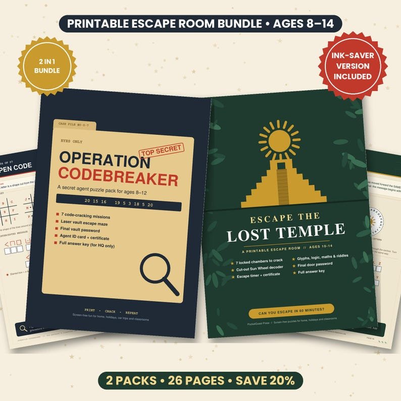 Kids Escape Room Bundle printable activity pack for kids 8–14