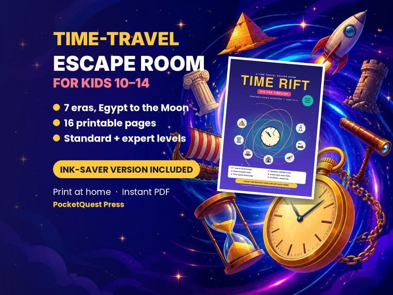 Time Rift Escape Room printable activity pack for kids 10–14