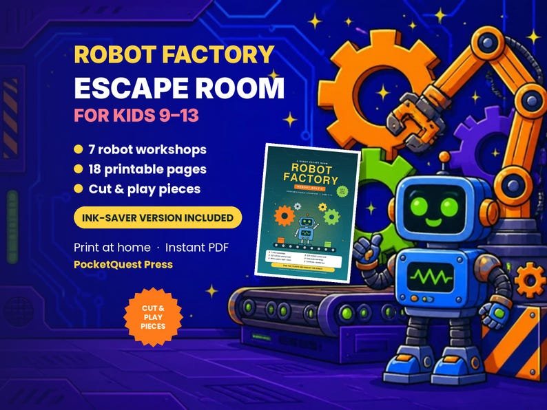 Robot Factory Escape Room printable activity pack for kids 9–13