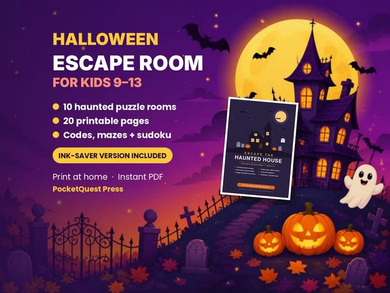 Escape the Haunted House printable activity pack for kids 9–13