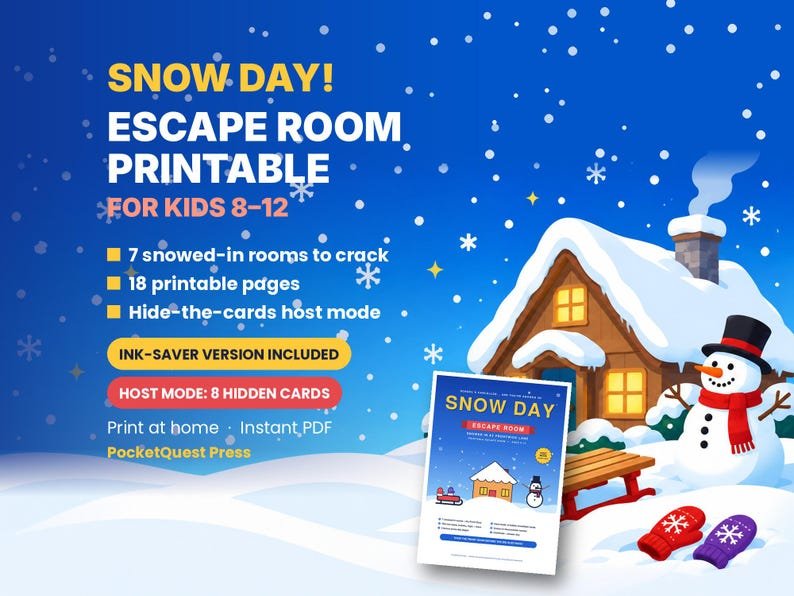 Snow Day Escape Room printable activity pack for kids 8–12