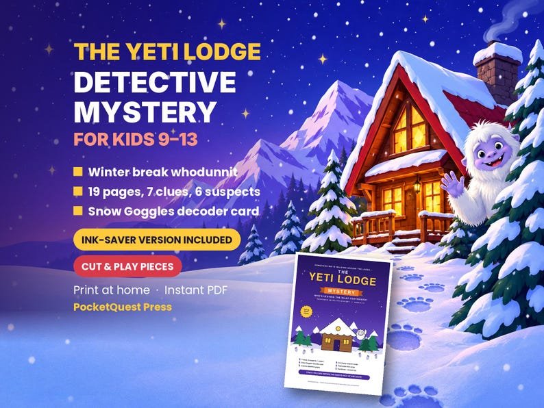 Yeti Lodge Mystery printable activity pack for kids 9–13