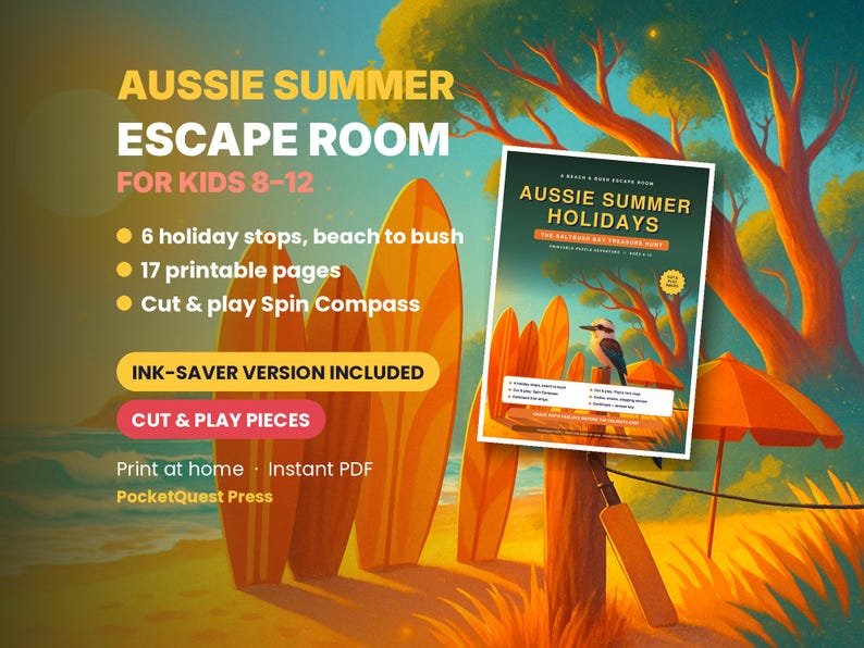 Summer Beach Escape Room printable activity pack for kids 8–12