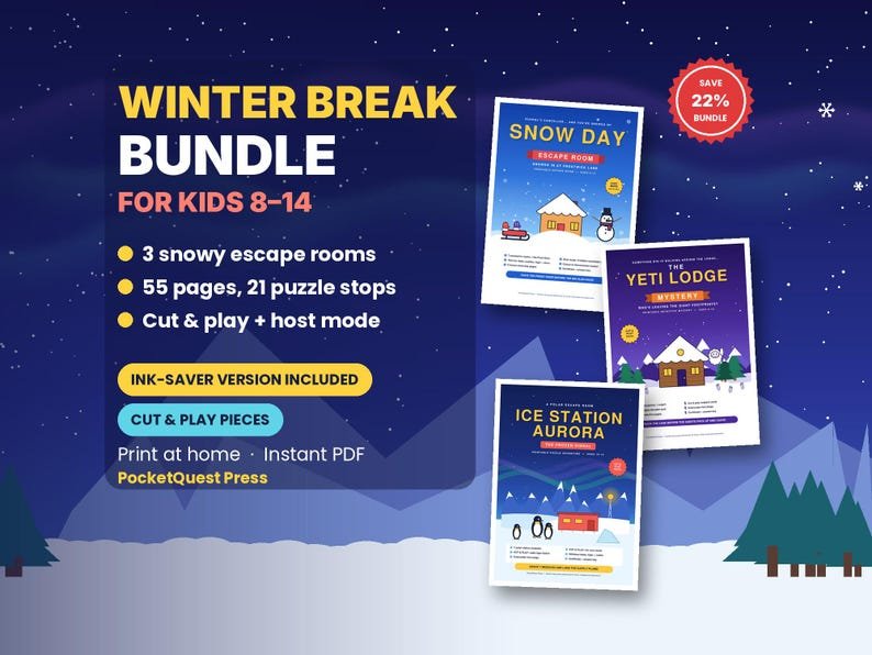 Winter Break Escape Room Bundle printable activity pack for kids 8–14