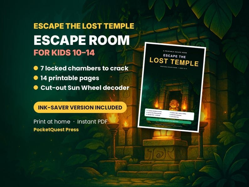 Escape the Lost Temple printable activity pack for kids 10–14