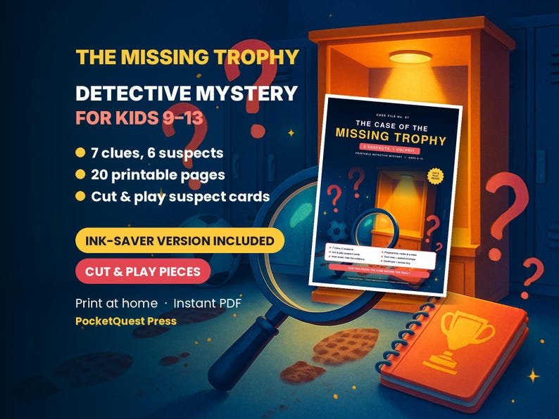 The Missing Trophy printable activity pack for kids 9–13