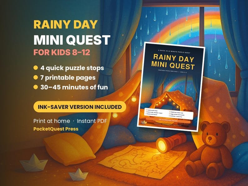 Rainy Day Mini Quest printable activity pack for kids 8–12