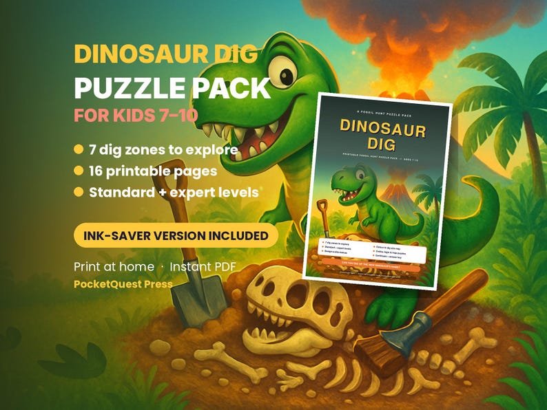 Dinosaur Dig printable activity pack for kids 7–10