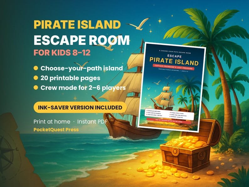 Pirate Island Escape Room printable activity pack for kids 8–12