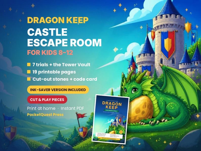 Dragon Keep Castle Escape Room printable activity pack for kids 8–12